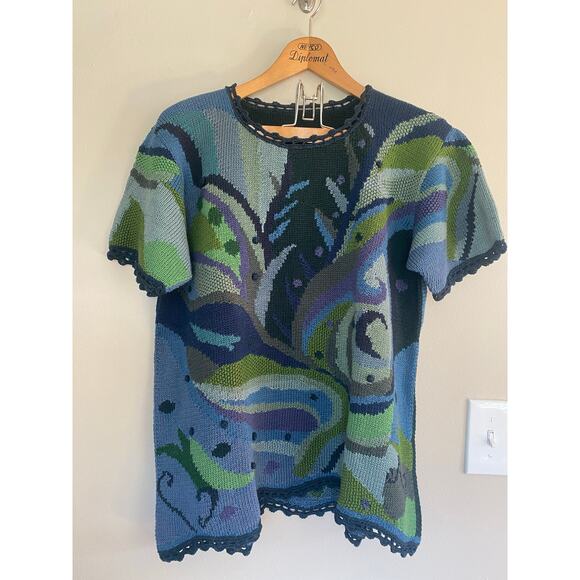 Peruvian Connection Colorful Pima Cotton Knit Top L-XL Purple Green Blue - Picture 1 of 4